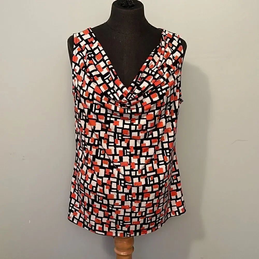 Van Heusen Women's Multicolor Cowl Neck Geometric Sleeveless Blouse Large